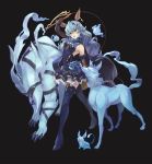  1girl :d animal_ears bare_shoulders black_background blue_cape blue_dress blue_hair blue_legwear boots cape commentary_request curly_hair dress elbow_gloves erune ferry_(granblue_fantasy) full_body ghost gloves granblue_fantasy hair_between_eyes hair_ornament hairclip high_heel_boots high_heels highres holding_whip jewelry legs_apart long_hair looking_at_viewer ne.corn open_mouth simple_background single_earring smile thigh-highs thigh_boots upper_teeth very_long_hair x_hair_ornament yellow_eyes 