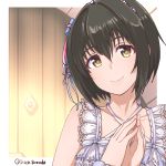  1girl absurdres artist_name bangs black_hair brown_eyes collarbone commentary disco_brando eyebrows_visible_through_hair hair_between_eyes hair_ornament hands_together head_tilt highres idolmaster idolmaster_cinderella_girls idolmaster_cinderella_girls_starlight_stage kohinata_miho looking_at_viewer short_hair smile solo steepled_fingers twitter_username upper_body 