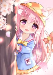  1girl animal_ears azur_lane bangs behind_tree bell blue_shirt blush bow cat_ears cat_tail cherry_blossoms commentary cowboy_shot d: ears_through_headwear eyebrows_visible_through_hair flower frown hat kindergarten_uniform kisaragi_(azur_lane) long_hair long_sleeves miniskirt open_mouth pink_background pink_bow pink_eyes pink_hair pleated_skirt pocket sailor_collar school_hat shirt skirt solo ss851251 tail tail_bell tail_bow tearing_up wavy_mouth white_sailor_collar yellow_headwear yellow_skirt 