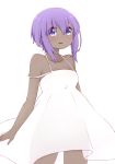  1girl bangs bare_arms bare_shoulders blush breasts collarbone dark_skin dress eyebrows_visible_through_hair fate/prototype fate/prototype:_fragments_of_blue_and_silver fate_(series) hair_between_eyes hassan_of_serenity_(fate) i.u.y looking_at_viewer parted_lips purple_hair see-through see-through_silhouette simple_background sleeveless sleeveless_dress small_breasts smile solo violet_eyes white_background white_dress 