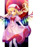  1girl :o alternate_costume arm_up bangs blush bow bowtie commentary_request crystal dress feet_out_of_frame flandre_scarlet full_moon hat hat_bow highres hinasumire long_hair moon one_side_up pantyhose parted_lips pink_dress pink_headwear puffy_short_sleeves puffy_sleeves red_bow red_eyes red_moon red_neckwear sailor_collar sailor_dress short_sleeves solo standing tareme touhou white_legwear white_sailor_collar wings 