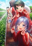  6+girls akagi_(kantai_collection) blue_eyes blue_hair blue_sky blush brown_eyes brown_hair child clouds eating enemy_lifebuoy_(kantai_collection) food fruit gotland_(kantai_collection) green_eyes green_hair greenhouse hair_bun hakama hakama_skirt high_ponytail houshou_(kantai_collection) ise_(kantai_collection) jacket japanese_clothes kaga_(kantai_collection) kantai_collection kimono kyon_(fuuran) long_hair long_sleeves looking_at_viewer mogami_(kantai_collection) mole mole_under_eye multiple_girls open_mouth pants pink_kimono ponytail red_jacket red_pants red_skirt short_hair side_ponytail skirt sky sportswear straight_hair strawberry v younger 