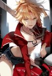  1girl blonde_hair blurry blurry_background braid breasts clarent cleavage commentary crop_top cutoffs day denim denim_shorts eyebrows_visible_through_hair fate/grand_order fate_(series) french_braid green_eyes ground_vehicle hair_between_eyes hair_ornament hair_scrunchie holding holding_sword holding_weapon jacket jewelry mordred_(fate) mordred_(fate)_(all) motor_vehicle motorcycle necklace open_mouth outdoors red_jacket red_scrunchie scrunchie short_shorts shorts sirobbmog solo sword weapon 