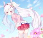  1girl animal_ears azur_lane bangs blue_sky blurry blurry_background blush bunny_girl bunny_tail closed_mouth clouds commentary_request day depth_of_field eyebrows_visible_through_hair fingernails flower hair_between_eyes hair_ornament hairband hand_on_hip jacket koko_ne_(user_fpm6842) laffey_(azur_lane) leaning_forward long_hair long_sleeves looking_at_viewer looking_back outdoors petals pink_jacket pleated_skirt purple_flower rabbit_ears red_eyes red_hairband red_skirt silver_hair skindentation skirt sky sleeves_past_wrists solo tail thigh-highs twintails very_long_hair white_legwear 