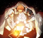  1girl 2boys :p ahoge artist_name barefoot bed_sheet black_hair blue_eyes book brown_eyes emma_(yakusoku_no_neverland) green_eyes hair_over_one_eye lamp lantern long_sleeves multiple_boys night norman_(yakusoku_no_neverland) oil_lamp open_mouth orange_hair paper ray_(yakusoku_no_neverland) sapphire_4825 shirt short_hair sitting skirt smile together tongue tongue_out under_covers white_hair white_shirt yakusoku_no_neverland 