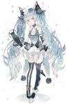  1girl :d absurdres asymmetrical_gloves bangs bare_shoulders black_footwear black_gloves black_legwear blue_eyes blue_hair blue_vest blush boots bow bowtie commentary_request dress elbow_gloves eyebrows_visible_through_hair gloves hair_ornament hat hatsune_miku highres long_hair looking_at_viewer microphone mini_hat mini_top_hat mismatched_legwear open_mouth pleated_dress red_neckwear siho_(ricchil) single_elbow_glove smile solo sparkle star thigh-highs thigh_boots tilted_headwear top_hat twintails very_long_hair vest vocaloid white_background white_dress white_headwear 