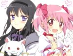  2girls akemi_homura artist_name black_hair blush bow closed_mouth collaboration collarbone eyebrows_visible_through_hair gloves hair_bow hairband highres kaname_madoka kyubey long_hair long_sleeves looking_at_viewer mahou_shoujo_madoka_magica multiple_girls namori open_mouth pink_bow pink_eyes pink_hair puffy_short_sleeves puffy_sleeves short_sleeves short_twintails smile twintails twitter_username upper_body violet_eyes white_gloves yui_(spica) 