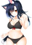  1girl ;) animal_ear_fluff animal_ears azur_lane bangs bare_arms bare_shoulders black_bra black_hair black_panties bow bow_bra bow_panties bra breasts cleavage closed_mouth collarbone cowboy_shot eyebrows_visible_through_hair fingernails gluteal_fold hand_up hidaka0503 legs_apart long_hair looking_at_viewer medium_breasts nail_polish navel one_eye_closed orange_eyes panties ponytail red_bow shigure_(azur_lane) smile solo tail underwear v-shaped_eyebrows wolf_ears wolf_girl wolf_tail 