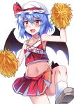  1girl :d alternate_costume arm_up bangs bare_arms bare_shoulders bat_wings blue_hair blush breasts cheerleader clothes_writing commentary_request cowboy_shot crop_top e.o. eyebrows_visible_through_hair grey_footwear hair_between_eyes hat hat_ribbon highres holding_pom_poms leg_up looking_at_viewer midriff miniskirt mob_cap navel open_mouth pom_poms red_eyes red_ribbon red_skirt remilia_scarlet ribbon shoes short_hair simple_background skirt skirt_set sleeveless small_breasts smile socks solo standing standing_on_one_leg stomach thighs touhou v-shaped_eyebrows white_background white_headwear white_legwear wings 