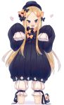  1girl abigail_williams_(fate/grand_order) absurdres bangs black_bow black_dress black_footwear black_headwear blonde_hair blue_eyes blush bow dress fate/grand_order fate_(series) forehead hair_bow heart highres kneeling long_hair long_sleeves looking_at_viewer open_mouth orange_bow parted_bangs ribbed_dress simple_background sleeves_past_fingers sleeves_past_wrists smile solo uhouhogorigori white_background white_bloomers 
