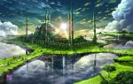  above_clouds bird building cathedral clouds cloudy_sky commentary day fantasy floating_island flock highres huge_filesize istanbul light_rays no_humans original outdoors palm_tree road scenery sky sun sunbeam sunlight tokyogenso tower tree water waterfall 