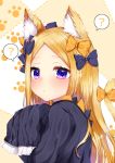  1girl :&lt; ? abigail_williams_(fate/grand_order) akirannu animal_ear_fluff animal_ears bangs black_bow black_dress blonde_hair blush bow cat_ears cat_tail closed_mouth dress fate/grand_order fate_(series) hair_bow highres kemonomimi_mode long_hair long_sleeves looking_at_viewer orange_bow parted_bangs paw_print polka_dot polka_dot_bow sleeves_past_fingers sleeves_past_wrists solo spoken_question_mark tail tail_bow upper_body very_long_hair violet_eyes 