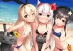  3girls :d ;d absurdres adapted_costume amatsukaze_(kantai_collection) beach bikini black_bikini black_hair blush breasts brown_eyes closed_mouth collarbone cowboy_shot day eyebrows_visible_through_hair fang flat_chest flower girl_sandwich hair_flower hair_ornament hair_ribbon hairband halterneck hand_on_another&#039;s_shoulder hat hibiscus highleg highleg_bikini highres kantai_collection long_hair looking_at_viewer mini_hat multi-strapped_bikini multiple_girls navel one_eye_closed open_mouth outdoors outstretched_hand rensouhou-chan rensouhou-kun ribbon sandwiched scan shimakaze_(kantai_collection) short_hair_with_long_locks side-tie_bikini small_breasts smile sweat swimsuit takanashi_kei_(hitsujikan) tokitsukaze_(kantai_collection) violet_eyes 