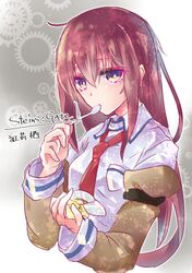  1girl bangs brown_hair commentary_request dress_shirt food gears jacket long_hair looking_at_viewer makise_kurisu meguri_uguisu necktie off_shoulder pudding red_neckwear shirt solo spoon spoon_in_mouth steins;gate violet_eyes 