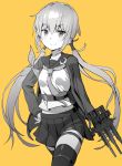  1girl bangs blush closed_mouth crescent crescent_moon_pin eyebrows_visible_through_hair greyscale hair_between_eyes hand_on_hip holding holding_weapon kantai_collection long_hair long_sleeves low_twintails monochrome navel neckerchief pleated_skirt remodel_(kantai_collection) sailor_collar satsuki_(kantai_collection) school_uniform serafuku skirt smile solo thigh-highs tktr33 twintails weapon yellow_background 