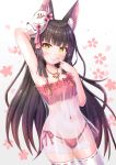  1girl animal_ear_fluff animal_ears arm_behind_head arm_up armpits azur_lane bare_arms black_hair blush breasts cherry_blossoms closed_mouth cocoasabure collarbone cowboy_shot finger_to_mouth fox_ears fox_mask groin hand_up highres jewelry light_particles lingerie long_hair looking_at_viewer mask mask_on_head nagato_(azur_lane) navel necklace panties red_panties see-through side-tie_panties small_breasts smile solo standing stomach thigh-highs underwear very_long_hair white_legwear yellow_eyes 