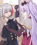  1girl admiral_graf_spee_(azur_lane) ajax_(azur_lane) azur_lane bangs beret black_dress black_hair blue_eyes blunt_bangs capelet detached_sleeves deutschland_(azur_lane) dress eyebrows_visible_through_hair hat long_hair marshall2033 multicolored_hair purple_hair red_eyes red_skirt redhead short_hair sidelocks silver_hair skirt smile streaked_hair two_side_up very_long_hair 