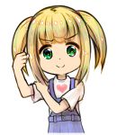 1girl arm_up blonde_hair child clenched_hand green_eyes heart highres long_hair original overalls print_shirt shirt shou_zong smile solo twintails upper_body white_shirt 