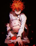  1boy 1girl black_background closed_eyes closed_mouth emma_(yakusoku_no_neverland) flower green_eyes ke02152 long_sleeves looking_at_viewer norman_(yakusoku_no_neverland) orange_hair petals red_flower shirt short_hair simple_background sitting white_hair white_shirt yakusoku_no_neverland 