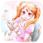  1girl :o blush cake chair coffee collarbone food food_themed_hair_ornament fork from_above hair_ornament highres kirakira_precure_a_la_mode looking_at_viewer niita open_mouth orange_hair pink_skirt precure puffy_short_sleeves puffy_sleeves red_eyes short_hair short_sleeves sitting skirt solo strawberry_hair_ornament twintails usami_ichika 