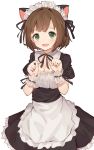  1girl :d animal_ears breasts brown_hair cat_ears cleavage eyebrows_visible_through_hair fang green_eyes hands_up highres idolmaster idolmaster_cinderella_girls looking_at_viewer maekawa_miku maid maid_headdress open_mouth puffy_short_sleeves puffy_sleeves shone short_hair short_sleeves simple_background smile solo white_background wrist_cuffs 