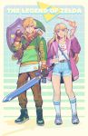 1boy 1girl bangs blonde_hair blue_eyes blush bracer circlet contemporary earrings fire full_body hat highres jacket jewelry link long_hair looking_at_viewer master_sword necklace nintendo pointy_ears radiostarkiller shoes short_shorts shorts simple_background smile socks sword the_legend_of_zelda the_legend_of_zelda:_a_link_between_worlds triforce weapon 