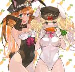  2girls alternate_costume animal_ears bangs bare_shoulders black_gloves black_leotard blonde_hair blue_eyes blush braid breasts brown_hair bunny_girl bunny_tail carrot cleavage commentary_request covered_navel cowboy_shot detached_collar elbow_gloves fake_animal_ears from_side gloves granblue_fantasy hair_lift hat highleg highleg_leotard highres large_breasts lecia_(granblue_fantasy) leotard long_hair looking_at_viewer medium_breasts monica_weisswind multiple_girls open_mouth peaked_cap picube525528 rabbit_ears strapless strapless_leotard tail thighs twintails white_leotard 