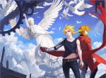  2boys ana_bi animal back-to-back belt belt_buckle bird black_pants blonde_hair blue_pants blue_shirt blue_sky braid buckle character_request clouds coat commentary_request edward_elric feathers floating_hair flying fullmetal_alchemist gears holding hood hood_down long_hair male_focus mechanical_arm multiple_boys pants ponytail red_coat ruins shirt single_braid sky sleeveless sleeveless_shirt standing statue wind yellow_eyes 