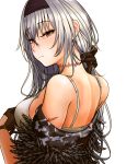 1girl bangs black_gloves black_hairband bra breasts brown_eyes camouflage_jacket eyebrows_visible_through_hair feather_trim from_side girls_frontline gloves hair_between_eyes hairband half-closed_eyes holding holding_hair jacket long_hair looking_at_viewer looking_back medium_breasts neck_scar off_shoulder red_eyes scar shirt sidelocks simple_background solo sweatdrop testame thunder_(girls_frontline) underwear upper_body white_background white_bra 