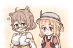  2girls :d :o animal_ear_fluff animal_ears black_gloves blonde_hair blush bow bowtie breasts brown_eyes brown_hair commentary cosplay dog_ears dog_girl dot_nose english_commentary glasses gloves green_eyes hat hat_feather heart helmet indie_virtual_youtuber kaban_(kemono_friends) kaban_(kemono_friends)_(cosplay) kemono_friends koragi koragi_(artist) large_breasts mint_castella multiple_girls paw_pose pith_helmet red-framed_eyewear red_shirt semi-rimless_eyewear serval_(kemono_friends) serval_(kemono_friends)_(cosplay) serval_print shirt smile under-rim_eyewear virtual_youtuber 