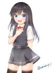  1girl adapted_costume asashio_(kantai_collection) belt black_hair black_legwear blue_eyes blush buttons comiching dress eyebrows_visible_through_hair hair_between_eyes hand_on_own_chest highres kantai_collection long_hair looking_at_viewer neck_ribbon open_mouth pinafore_dress pleated_skirt red_neckwear red_ribbon remodel_(kantai_collection) ribbon school_uniform shirt short_sleeves simple_background skirt smile solo thigh-highs twitter_username white_background white_shirt 