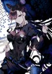  1girl bangs black_dress breasts brown_hair closed_mouth cowboy_shot curly_hair double_bun dress fate/grand_order fate_(series) frills gem hair_between_eyes hair_ornament holding holding_paintbrush large_breasts long_hair long_sleeves looking_at_viewer murasaki_shikibu_(fate) paintbrush puffy_sleeves solo striped two_side_up umbrella vertical-striped_dress vertical_stripes very_long_hair violet_eyes 