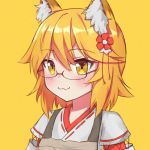  1girl :3 absurdres animal_ear_fluff animal_ears apron bangs bespectacled blonde_hair blush brown_apron closed_mouth commentary_request eyebrows_visible_through_hair flower fox_ears glasses hair_between_eyes hair_flower hair_ornament highres japanese_clothes kimono long_hair looking_at_viewer miko red-framed_eyewear red_flower ribbon_trim senko_(sewayaki_kitsune_no_senko-san) sewayaki_kitsune_no_senko-san simple_background smile solo upper_body wang_man white_kimono yellow_background yellow_eyes 