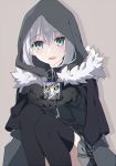  1girl add_(lord_el-melloi_ii) aqua_eyes black_cloak black_gloves black_jacket black_legwear cloak commentary_request cupping_hands eyebrows_visible_through_hair fate_(series) fur_collar gloves gray_(lord_el-melloi_ii) grey_background grey_skirt hair_between_eyes holding hood hood_up hooded_cloak jacket knees_up long_sleeves looking_at_viewer lord_el-melloi_ii_case_files miniskirt open_mouth pleated_skirt shadow short_hair silver_hair simple_background skirt smile solo thigh-highs tsuedzu zettai_ryouiki 