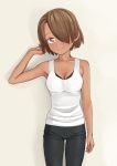  1girl arm_at_side black_bra black_pants black_shorts bra breasts brown_eyes brown_hair chikage_(tokedase!_mizorechan) cleavage dark_skin easy_(aqk7bdqt) hair_over_one_eye looking_at_viewer pants shirt short_hair shorts simple_background sleeveless sleeveless_shirt small_breasts smile solo standing tokedase!_mizorechan underwear white_shirt 