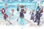  1girl 2boys animal_hood baggy_pants barefoot blue_eyes blue_sky boots brown_hair clouds eating english_text food food_in_mouth fruit highres holding holding_weapon hood hood_up hooded_jacket jacket jewelry kairi_(kingdom_hearts) keyblade kingdom_hearts kingdom_hearts_i kingdom_hearts_ii kingdom_hearts_iii looking_at_viewer looking_to_the_side multiple_boys necklace nikusenpai pants paopu_fruit partially_submerged redhead riku shooting_star short_hair silver_hair sitting sky sora_(kingdom_hearts) spiky_hair standing transparent water waves weapon 