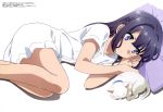  1girl absurdres black_hair blue_eyes cat closed_mouth collarbone dress eyebrows_visible_through_hair highres long_hair looking_away lying magazine_scan makinohara_shouko megami miura_ryuu on_side pillow scan short_sleeves simple_background smile solo translation_request white_background white_dress 