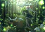  1girl absurdres bird box day dove forest grass green_eyes green_skirt hair_ribbon highres long_hair nature open_mouth original outdoors red_ribbon ribbon scenery skirt standing toyan_8210 very_long_hair white_hair wide_sleeves 
