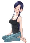  1girl barefoot blue_hair breasts cleavage closed_eyes denim easy_(aqk7bdqt) facing_viewer jeans long_hair low_ponytail medium_breasts open_mouth pants sidelocks simple_background sitting smile solo tokedase!_mizorechan very_long_hair white_background 