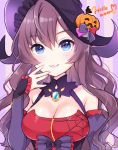  1girl :3 artist_name bare_shoulders black_headwear blue_eyes blush breasts brown_hair cleavage closed_mouth collarbone detached_sleeves halloween hat highres ichinose_shiki idolmaster idolmaster_cinderella_girls large_breasts long_hair long_sleeves signature solo upper_body witch_hat yui_(spica) 