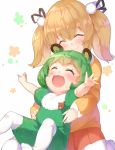  2girls animal animal_ears animare ass bangs bear_ears blonde_hair blunt_bangs blush closed_eyes eyebrows_visible_through_hair green_hair hair_between_eyes hair_ribbon highres hinokuma_ran inaba_haneru_(animare) kokka_han multiple_girls pleated_skirt rabbit_ears ribbon short_hair skirt smile virtual_youtuber white_legwear younger 