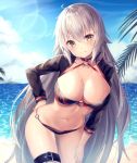  1girl ahoge bangs beach bikini bird black_bikini black_jacket blue_sky blush breasts choker cleavage clouds day eyebrows_visible_through_hair fate/grand_order fate_(series) gloves groin hair_between_eyes hinaki_(hinaki_0102) jacket jeanne_d&#039;arc_(alter)_(fate) jeanne_d&#039;arc_(alter_swimsuit_berserker) jeanne_d&#039;arc_(fate)_(all) large_breasts long_hair looking_at_viewer navel o-ring o-ring_bikini ocean outdoors sand seagull shrug_(clothing) silver_hair sky solo stomach swimsuit thighs very_long_hair yellow_eyes 