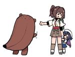  2girls backpack bag black_hair blue_skirt bokukawauso brown_hair brown_hakama full_body gloves gradient_hair hair_ribbon hakama hiding ise_(kantai_collection) japanese_clothes kantai_collection kneehighs long_hair mascot matsuwa_(kantai_collection) multicolored_hair multiple_girls neckerchief otter pleated_skirt pointing ponytail purple_hair ribbon sandals school_uniform serafuku short_hair skirt solid_oval_eyes standing terrajin white_gloves white_legwear 