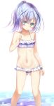  1girl bangs bare_arms bare_shoulders bikini blue_bikini blue_eyes blue_hair blush child collarbone commentary_request eyebrows_visible_through_hair feet_out_of_frame gluteal_fold gochuumon_wa_usagi_desu_ka? gradient_hair groin hair_between_eyes hair_ornament hand_up head_tilt high_ponytail highres kafuu_chino long_hair multicolored_hair na!?_(naxtuyasai) navel parted_lips plaid plaid_bikini ponytail purple_hair solo standing swimsuit water x_hair_ornament 