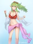  1girl adult bikini blue_background breasts chiki choker cleavage closed_mouth cute fire_emblem fire_emblem:_kakusei fire_emblem:_mystery_of_the_emblem fire_emblem_heroes gradient gradient_background green_eyes green_hair hair_ribbon highres intelligent_systems large_breasts long_hair looking_at_viewer mamkute medium_breasts navel nintendo pointy_ears red_bikini ribbon simple_background smile solo spiffydc standing summer swimsuit teenage tiara twitter_username 
