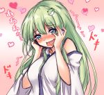  1girl :d amagi_(amagi626) bangs bare_shoulders blue_eyes blush detached_sleeves eyebrows_visible_through_hair frog_hair_ornament gradient gradient_background green_hair hair_ornament hands_on_own_cheeks hands_on_own_face heart heart_in_mouth japanese_clothes kochiya_sanae long_hair looking_at_viewer lovestruck miko nose_blush open_mouth pink_background simple_background smile solo touhou upper_body wide_sleeves 