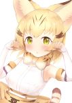  1girl absurdres animal_ears animal_print back_bow bare_shoulders belt blonde_hair blush bow bowtie brown_hair cat_ears cat_print cat_tail commentary_request cowboy_shot deku_suke elbow_gloves eyebrows_visible_through_hair fang gloves green_eyes high-waist_skirt highres kemono_friends multicolored_hair open_mouth paw_pose print_gloves print_neckwear print_skirt sand_cat_(kemono_friends) short_hair skirt sleeveless solo tail 