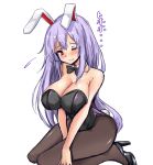  1girl ;) amagi_(amagi626) animal_ears bare_arms bare_shoulders black_footwear black_legwear black_leotard black_neckwear blush bow bowtie breasts bunny_tail bunnysuit cleavage detached_collar high_heels large_breasts leotard long_hair looking_at_viewer one_eye_closed pantyhose purple_hair rabbit_ears reisen_udongein_inaba shoes simple_background sitting smile solo tail touhou very_long_hair violet_eyes white_background 
