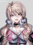  1girl alternate_hairstyle antenna_hair artist_name barbed_wire black_gloves blonde_hair blue_eyes blue_scrunchie bow breasts choker cleavage commentary_request dangan_ronpa eyebrows_visible_through_hair fingerless_gloves gloves grey_background hair_between_eyes hair_ornament hair_scrunchie iruma_miu long_hair looking_at_viewer medium_breasts new_dangan_ronpa_v3 o-ring open_mouth scrunchie simple_background solo twitter_username z-epto_(chat-noir86) 