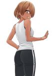  1girl ass breasts brown_eyes brown_hair chikage_(tokedase!_mizorechan) dark_skin easy_(aqk7bdqt) hair_over_one_eye looking_at_viewer pants shirt short_hair simple_background sleeveless sleeveless_shirt small_breasts smile solo standing tan tokedase!_mizorechan track_pants white_shirt 